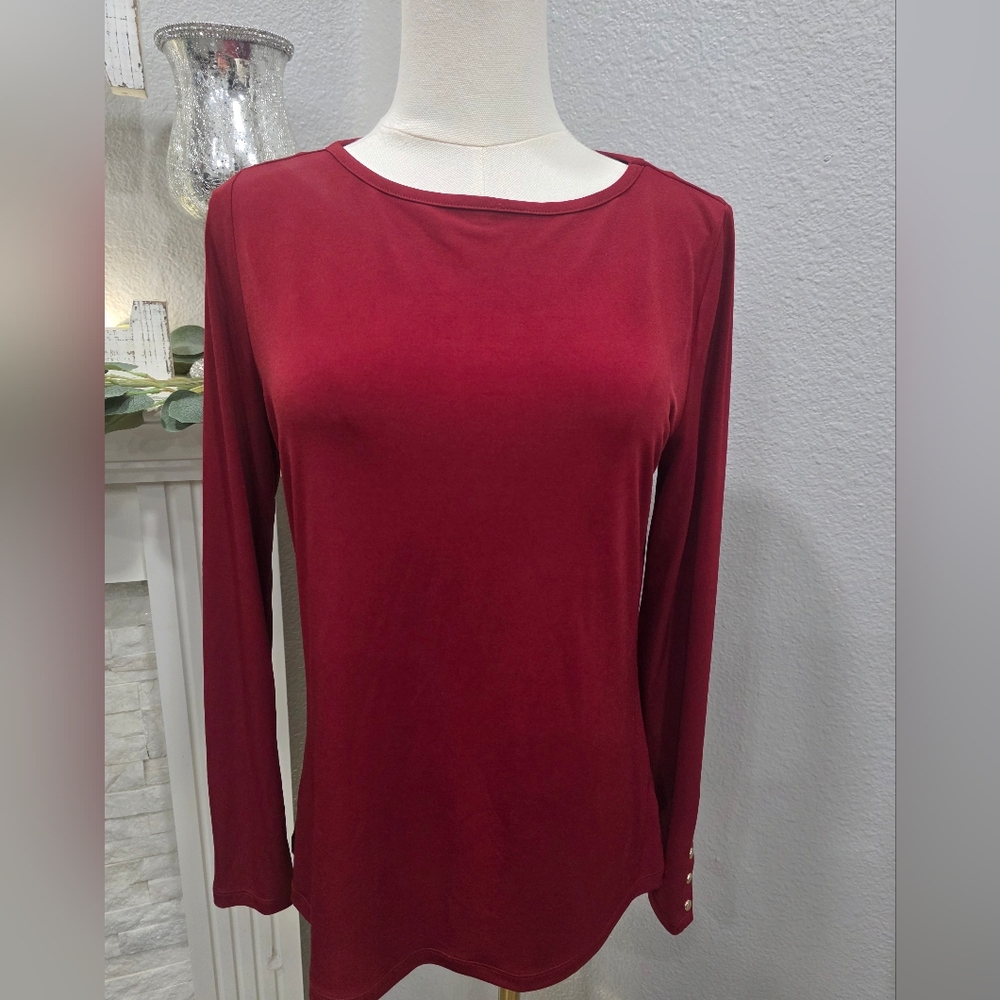 Michael Kors Elegant Red Long Sleeve Top with Gold Stud Accents